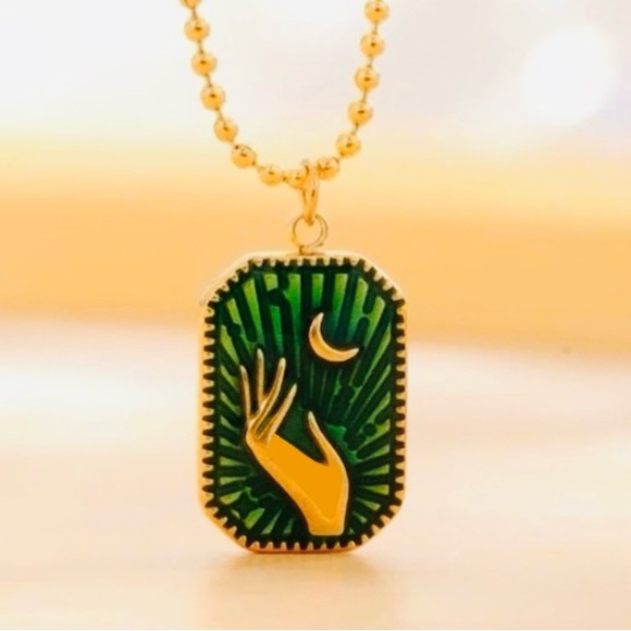 “Moonlight in My Hand” Green Radiant Bursting Celestial Cosmos Sky 18K Necklace
